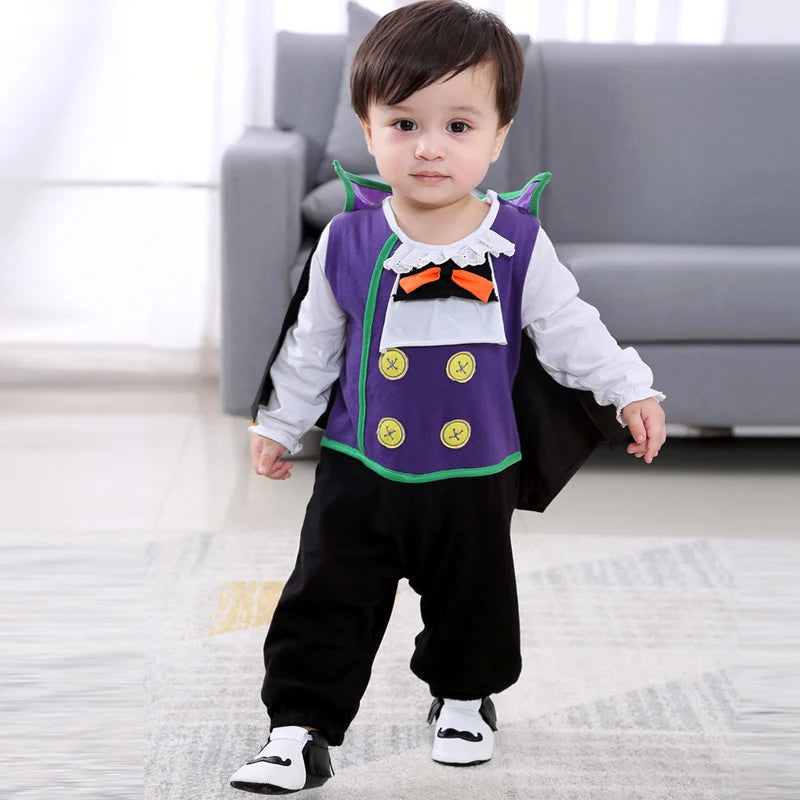 2024 Baby Halloween Romper Print Hat+Romper Batman Cosplay Costume Bag Gift Boy Girl Bone Pumpkin Bodysuit Vampire Clothes