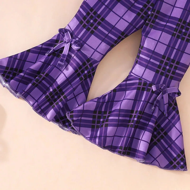 Halloween Outfits Baby Girl Purple Cotton Plaid T-shirt Tops+Flared Pants Sets Girls Ghost Pumpkin Costume Baby Autumn Clothes