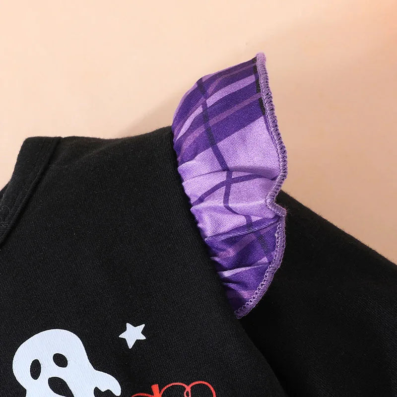 Halloween Outfits Baby Girl Purple Cotton Plaid T-shirt Tops+Flared Pants Sets Girls Ghost Pumpkin Costume Baby Autumn Clothes