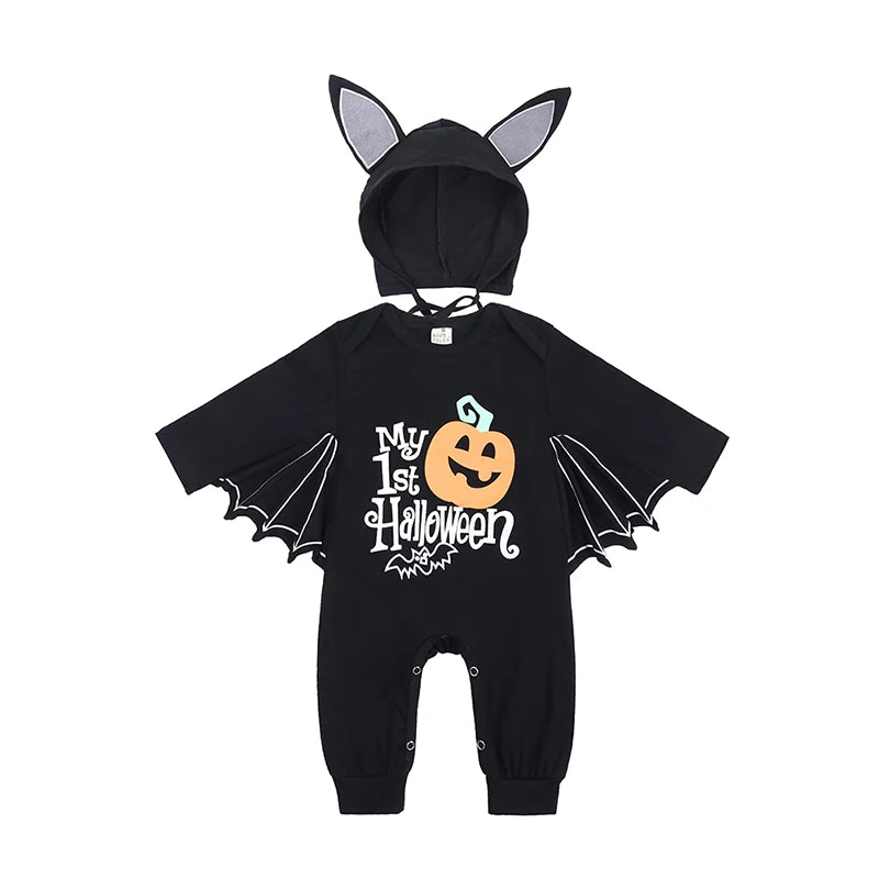 2024 Baby Halloween Romper Print Hat+Romper Batman Cosplay Costume Bag Gift Boy Girl Bone Pumpkin Bodysuit Vampire Clothes