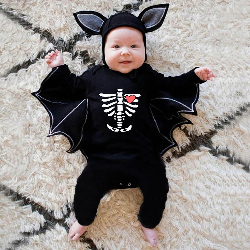 2024 Baby Halloween Romper Print Hat+Romper Batman Cosplay Costume Bag Gift Boy Girl Bone Pumpkin Bodysuit Vampire Clothes