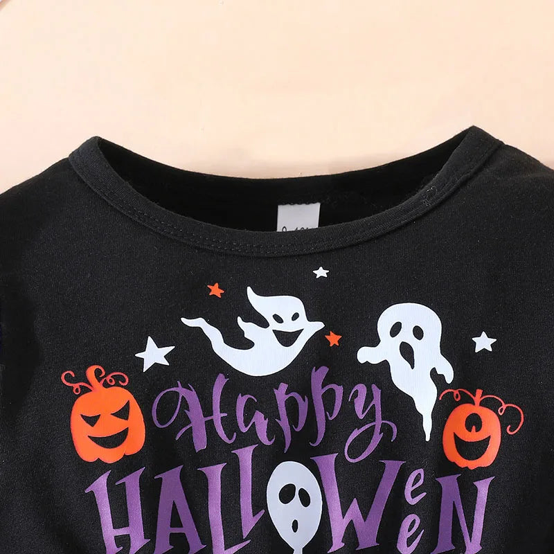 Halloween Outfits Baby Girl Purple Cotton Plaid T-shirt Tops+Flared Pants Sets Girls Ghost Pumpkin Costume Baby Autumn Clothes