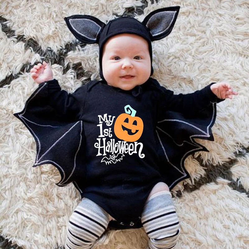 2024 Baby Halloween Romper Print Hat+Romper Batman Cosplay Costume Bag Gift Boy Girl Bone Pumpkin Bodysuit Vampire Clothes