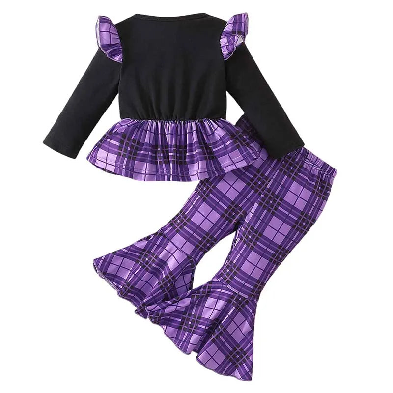 Halloween Outfits Baby Girl Purple Cotton Plaid T-shirt Tops+Flared Pants Sets Girls Ghost Pumpkin Costume Baby Autumn Clothes